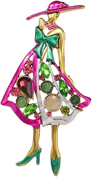 Rhinestone Lady Brooch Pin for Women Girls Fashion Pink Green Crystal Enameled Hat Bad Brooches Lapel Pins Breastpin Sorority Sisterhood Dress Accessories Jewelry Dainty Gift Souvenir