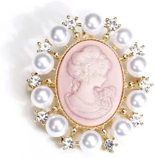 Rhinestone Pearl Cameo Brooch Pin for Women Girls Fashion Dainty Gold Tone Shell Pearls Crystal Wreath Carved Pink Victorian Lady Brooches Lapel Pins Vintage Dress Accessories Wedding Birthday Party Jewelry