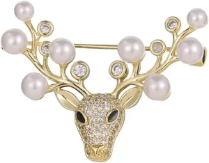 Rhinestone Pearl Deer Brooch for Women Girls Fashion CZ Imitation Pearls Brooches Lapel Pin Dainty Christmas Party Decorated Jewelry Gift 14K Gold Plated