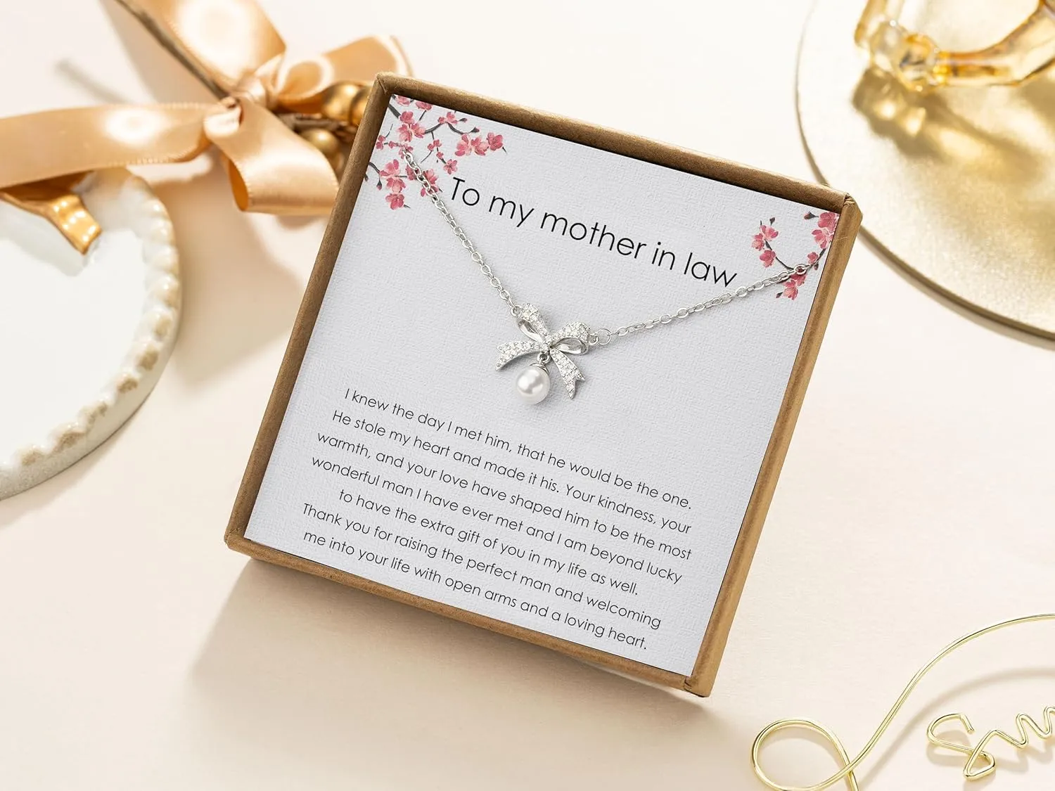 Rhinestone Silver Bow Knot Pearl Necklace for Mother of The Bride/Mother of The Groom/Mother in Law Birthday Gifts/Wedding Gifts