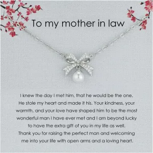 Rhinestone Silver Bow Knot Pearl Necklace for Mother of The Bride/Mother of The Groom/Mother in Law Birthday Gifts/Wedding Gifts