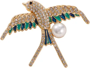 Rhinestone Swallow Bird Brooch Pin for Women Unisex Gold Plated Fashion Crystals Enamel Shell Pearl Brooches Lapel Pins Elegant Animal Dress Accessories Spring Holiday Jewelry Gift