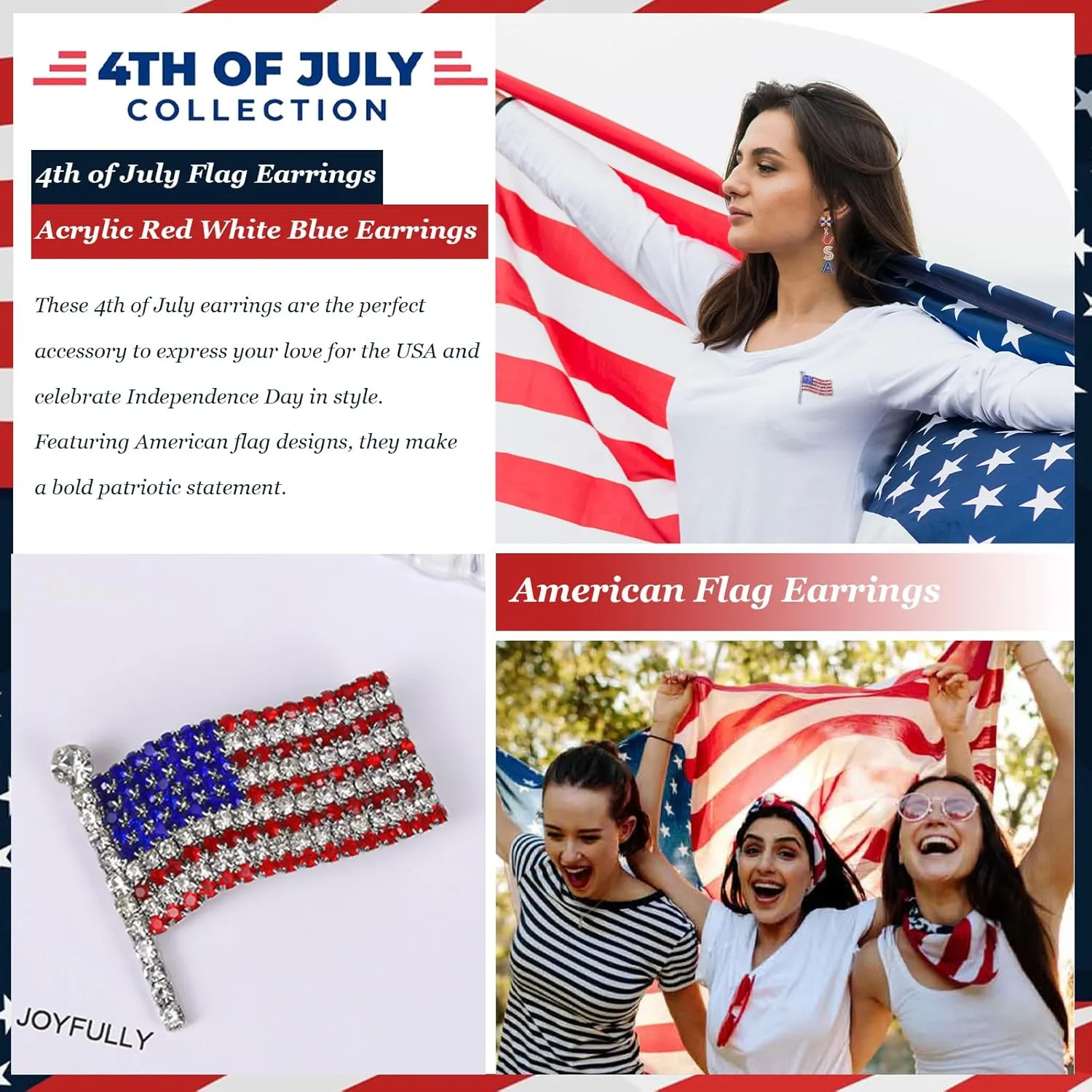 Rhinestone USA Flag Brooch Pin for Men Women Crystal 4th of July American Patriotic Blue Red Brooches Dress Independence Accessories Veterans Memorial Day Jewelry