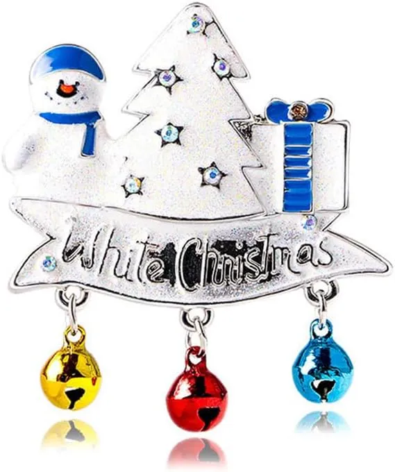 Rhinestone White Christmas Brooch Pin for Women Girls Men Silver Plated Red Blue Yellow Jingle Bell Shiny Snowman Xmas Tree Gift Charms Cute Dress Accessories Festival Holiday Ornament Jewelry Gift for Friend