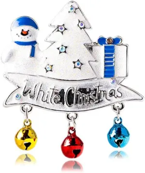 Rhinestone White Christmas Brooch Pin for Women Girls Men Silver Plated Red Blue Yellow Jingle Bell Shiny Snowman Xmas Tree Gift Charms Cute Dress Accessories Festival Holiday Ornament Jewelry Gift for Friend