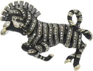 Rhinestone Zebra Horse Brooch Pin for Women Men Gold Tone Vintage Black Enamel Crystal Big Animal Brooches Lapel Pins Fashion Dainty Dress Accessories Christmas Holiday Party Jewelry Gift