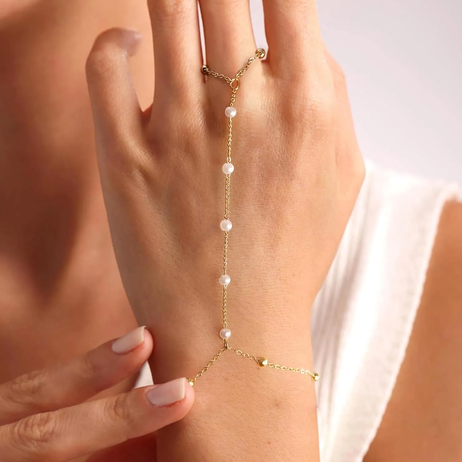 Ring Bracelet Hand Chain, 14K Gold Plated Finger Ring Zircon Pearl Bead Dainty Adjustable Bracelet for Women, Trendy Slave Boho Jewelry Gifts