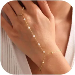 Ring Bracelet Hand Chain, 14K Gold Plated Finger Ring Zircon Pearl Bead Dainty Adjustable Bracelet for Women, Trendy Slave Boho Jewelry Gifts