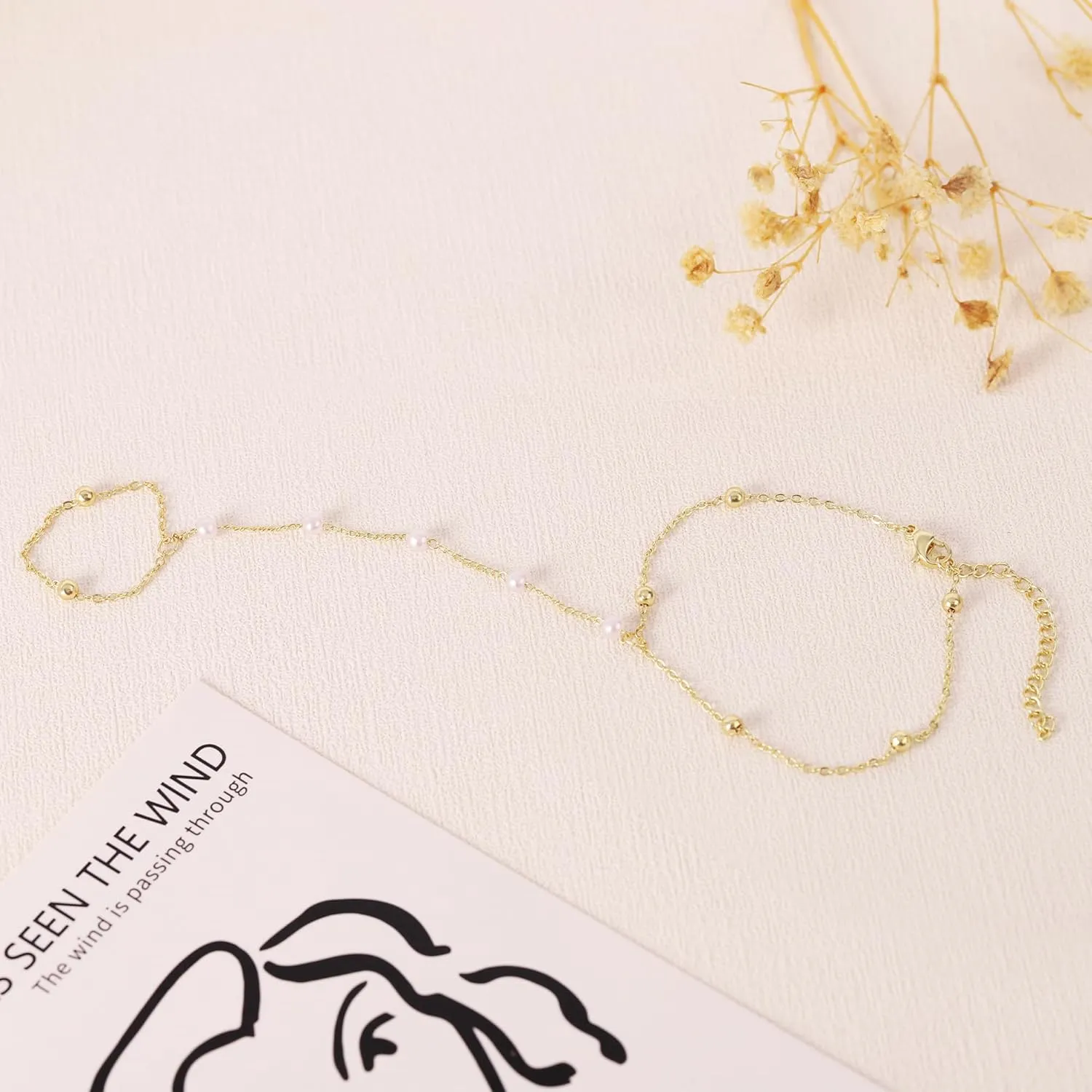 Ring Bracelet Hand Chain, 14K Gold Plated Finger Ring Zircon Pearl Bead Dainty Adjustable Bracelet for Women, Trendy Slave Boho Jewelry Gifts