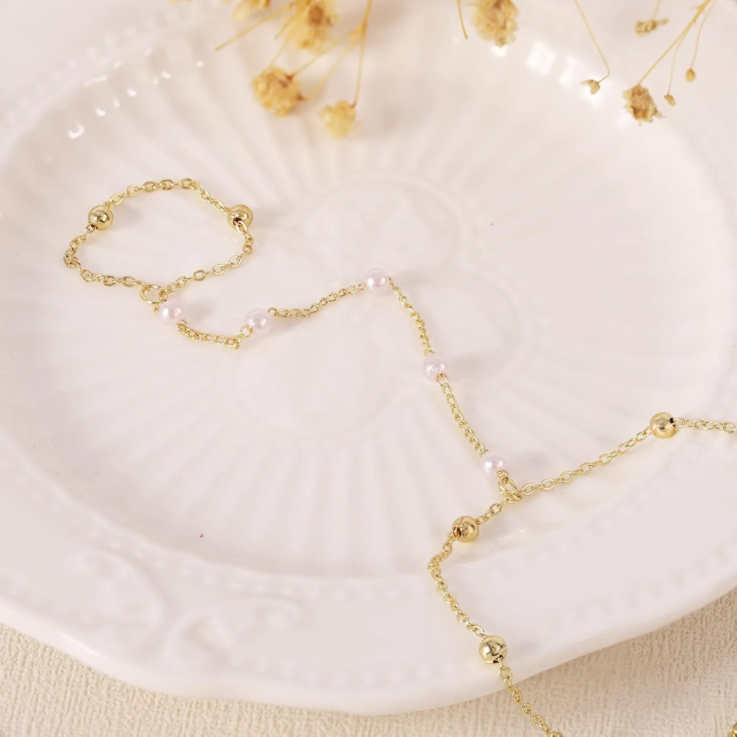 Ring Bracelet Hand Chain, 14K Gold Plated Finger Ring Zircon Pearl Bead Dainty Adjustable Bracelet for Women, Trendy Slave Boho Jewelry Gifts