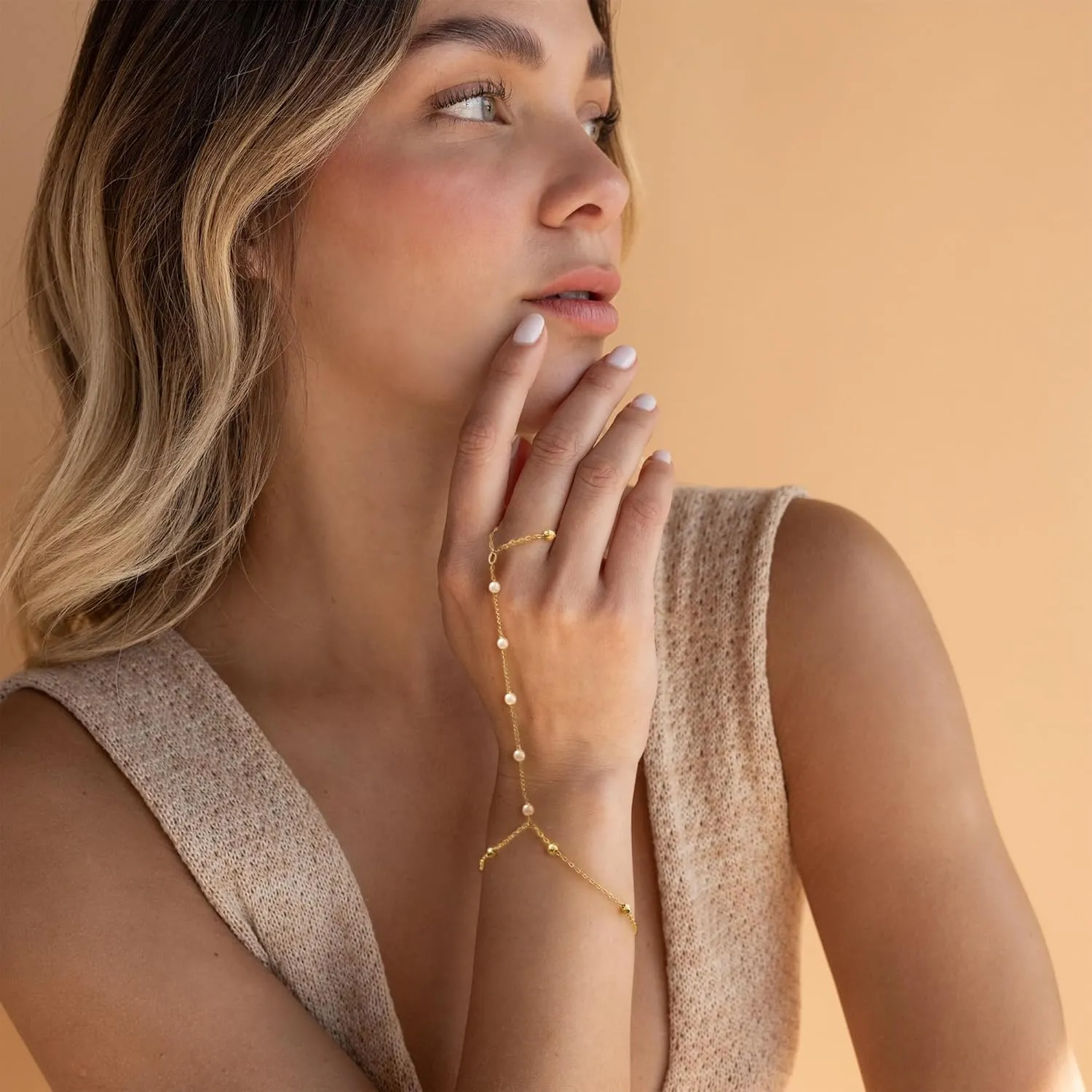 Ring Bracelet Hand Chain, 14K Gold Plated Finger Ring Zircon Pearl Bead Dainty Adjustable Bracelet for Women, Trendy Slave Boho Jewelry Gifts