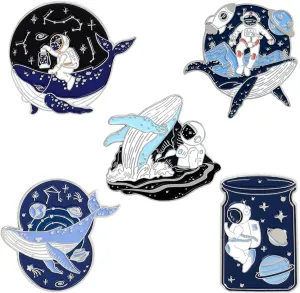 ROFARSO Astronaut and Whale in Space Enamel Lapel Pin Set Cute Animal Pin, Accessory for Backpacks Clothing Bags Hats Shirts (5pics Pin Set)