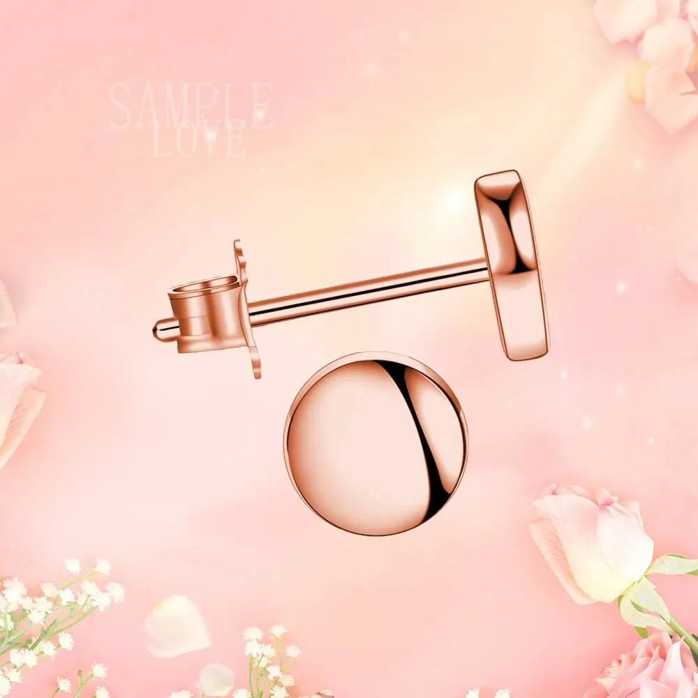 Rose Gold Plated Sterling Silver Dot Stud Earrings 3mm-10mm Options, Flat Round Disc Studs Hypoallergenic Jewelry