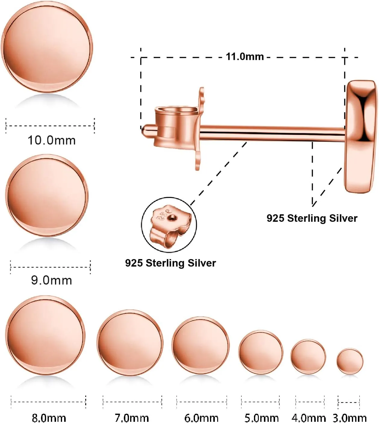 Rose Gold Plated Sterling Silver Dot Stud Earrings 3mm-10mm Options, Flat Round Disc Studs Hypoallergenic Jewelry