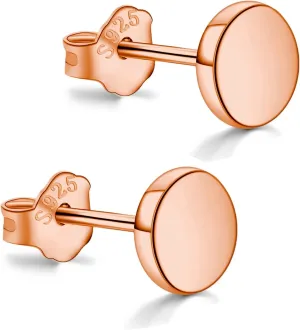 Rose Gold Plated Sterling Silver Dot Stud Earrings 3mm-10mm Options, Flat Round Disc Studs Hypoallergenic Jewelry