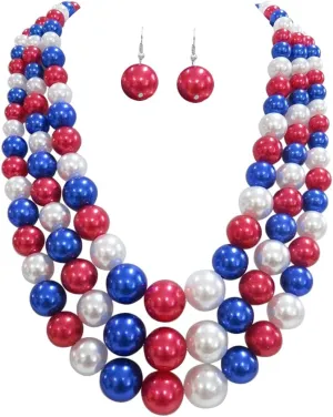 Rosemarie & Jubalee Women's July 4th Patriotic Multi Strand Red White & Blue Simulated Pearl Necklace And Earrings USA Jewelry Gift Set, 18" 3" Extender