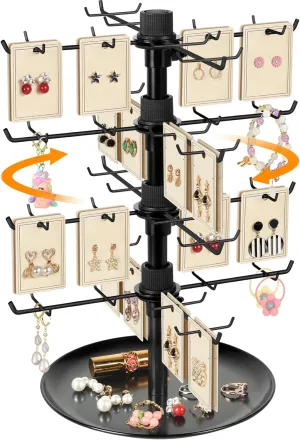 Rotating Earring Display Stand, 4-Tier Jewelry Display for Vendors with 80 Hooks, Large Capacity Jewelry Rack Necklace Bracelet Holder Keychain Display for Retail-Black