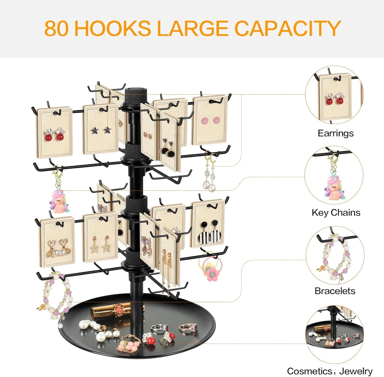 Rotating Earring Display Stand, 4-Tier Jewelry Display for Vendors with 80 Hooks, Large Capacity Jewelry Rack Necklace Bracelet Holder Keychain Display for Retail-Black