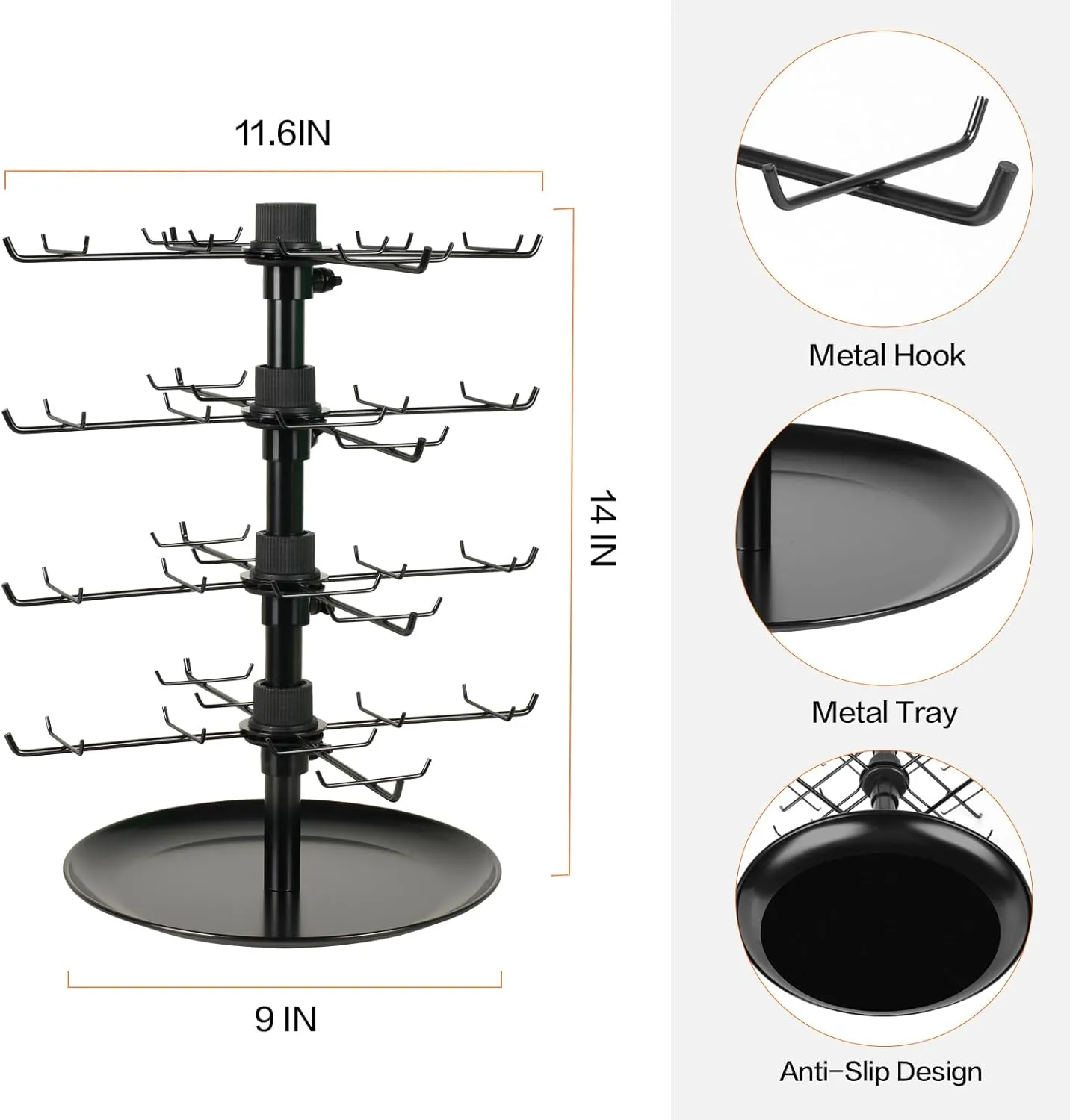 Rotating Earring Display Stand, 4-Tier Jewelry Display for Vendors with 80 Hooks, Large Capacity Jewelry Rack Necklace Bracelet Holder Keychain Display for Retail-Black