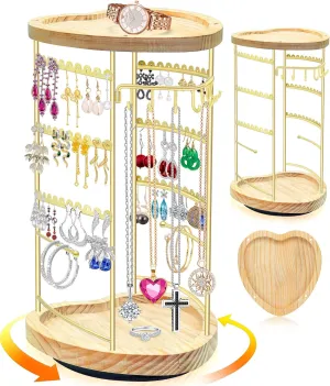 Rotating Earring Holder Organizer, Heart Shape Jewelry Organizer Stand and Storage, Wooden Earring Necklace Display for Mom Women Girls, Jewelry Holder Rack for Bracelets Ring