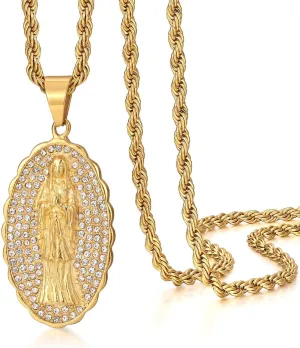 ROWIN&CO Virgin Mary Necklace for Women Men Iced Out Our Lady of Guadalupe Pendant 18K Gold Plated Catholic Jewelry Religious Gift For Mom, Son or Daughter for Hip hop Boyfriends Birthday