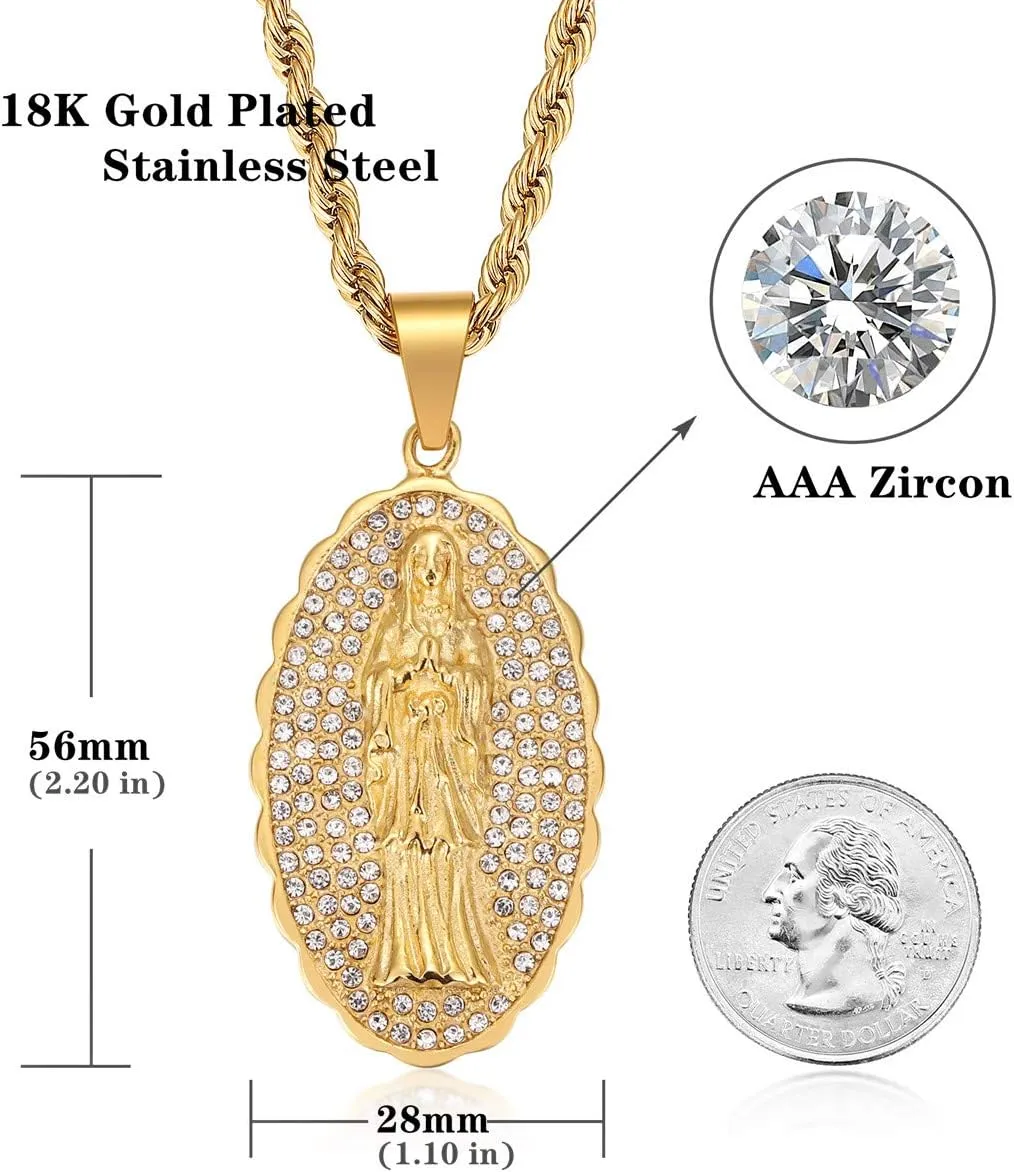ROWIN&CO Virgin Mary Necklace for Women Men Iced Out Our Lady of Guadalupe Pendant 18K Gold Plated Catholic Jewelry Religious Gift For Mom, Son or Daughter for Hip hop Boyfriends Birthday