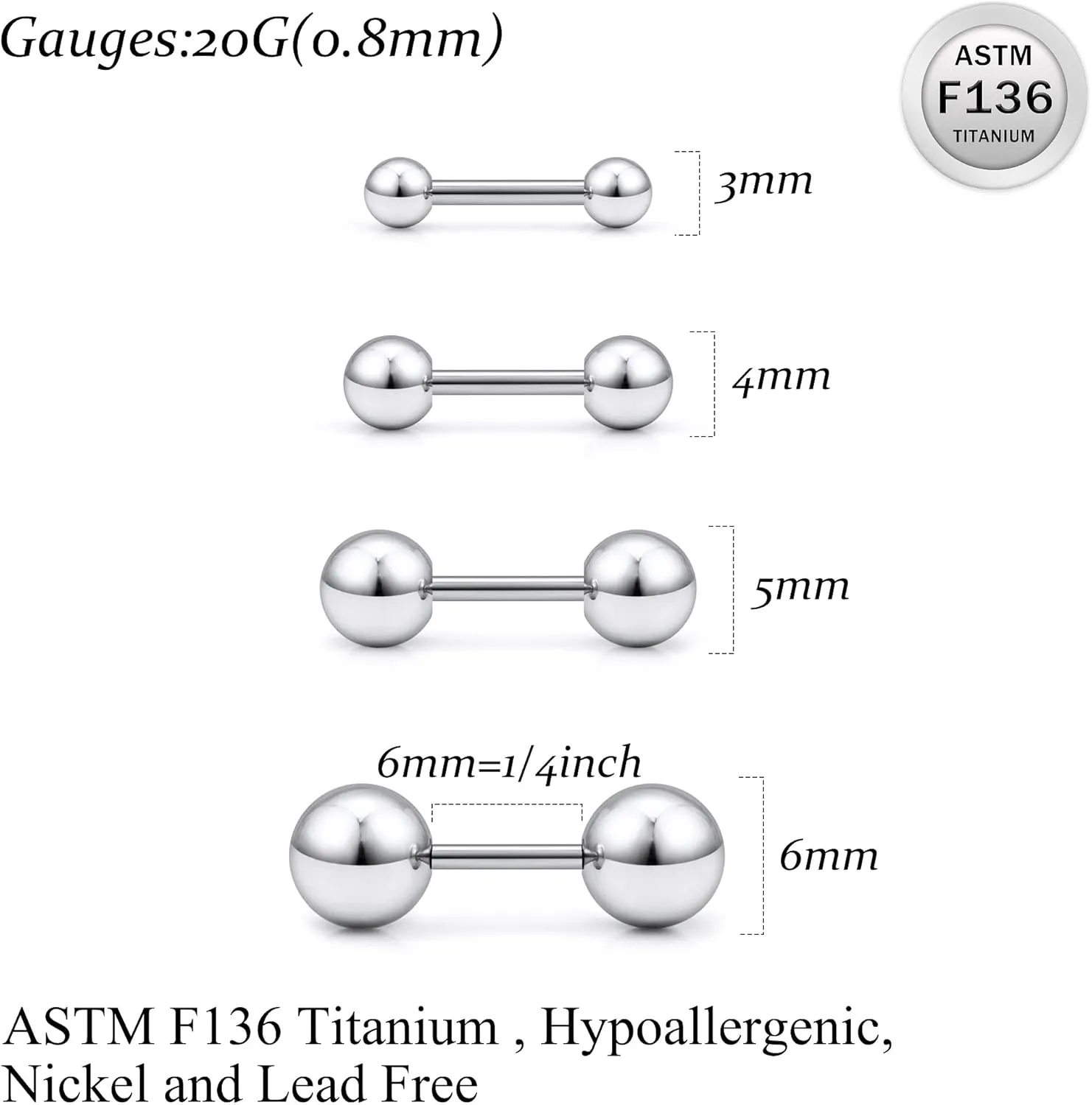 Ruifan 20G 18G 16G Titanium Earrings Studs Set for Sensitive Ears Hypoallergenic Piercing Jewelry Internally Threaded Cartilage Conch Helix Rook Tragus Earring Hoop Eyebrow For Women Men Ball 3-6mm