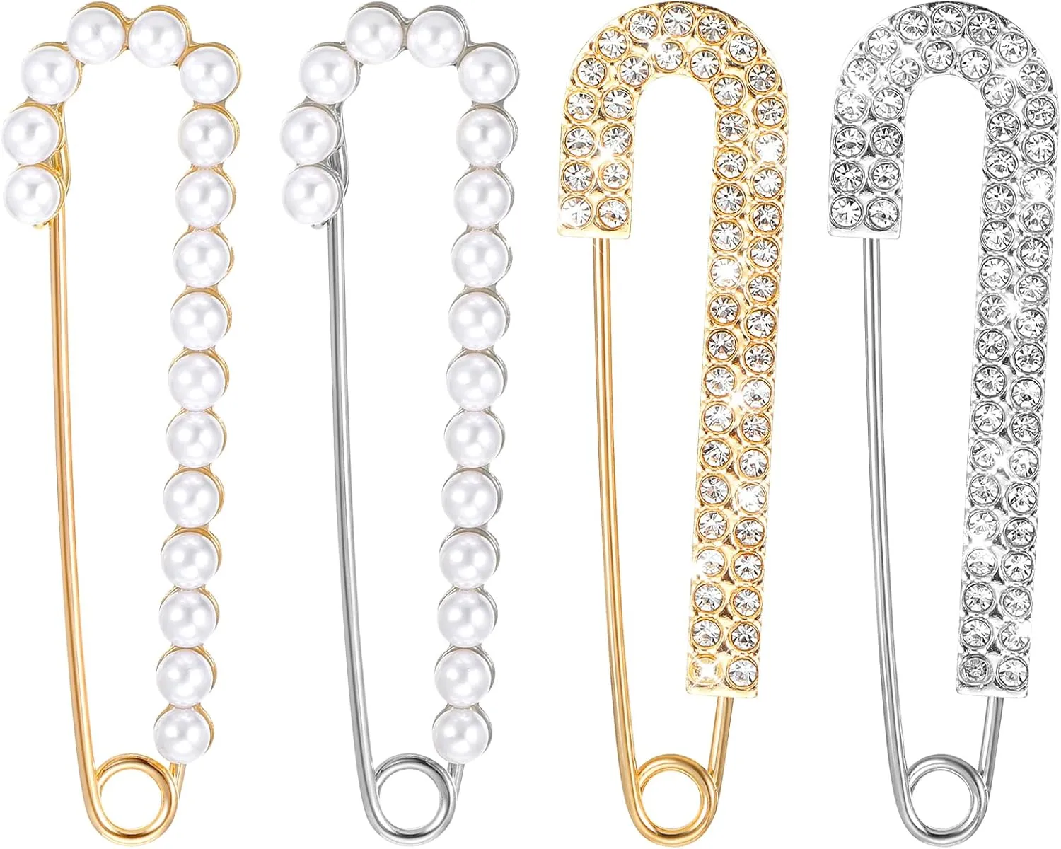 Safety Pin Brooch, 4 Pcs Rhinestone Safety Pins, Decorative Women's Brooches Pins with Rhinestone for Clothing, Hat, Socks, Jeans, Collar, Gold, Silver