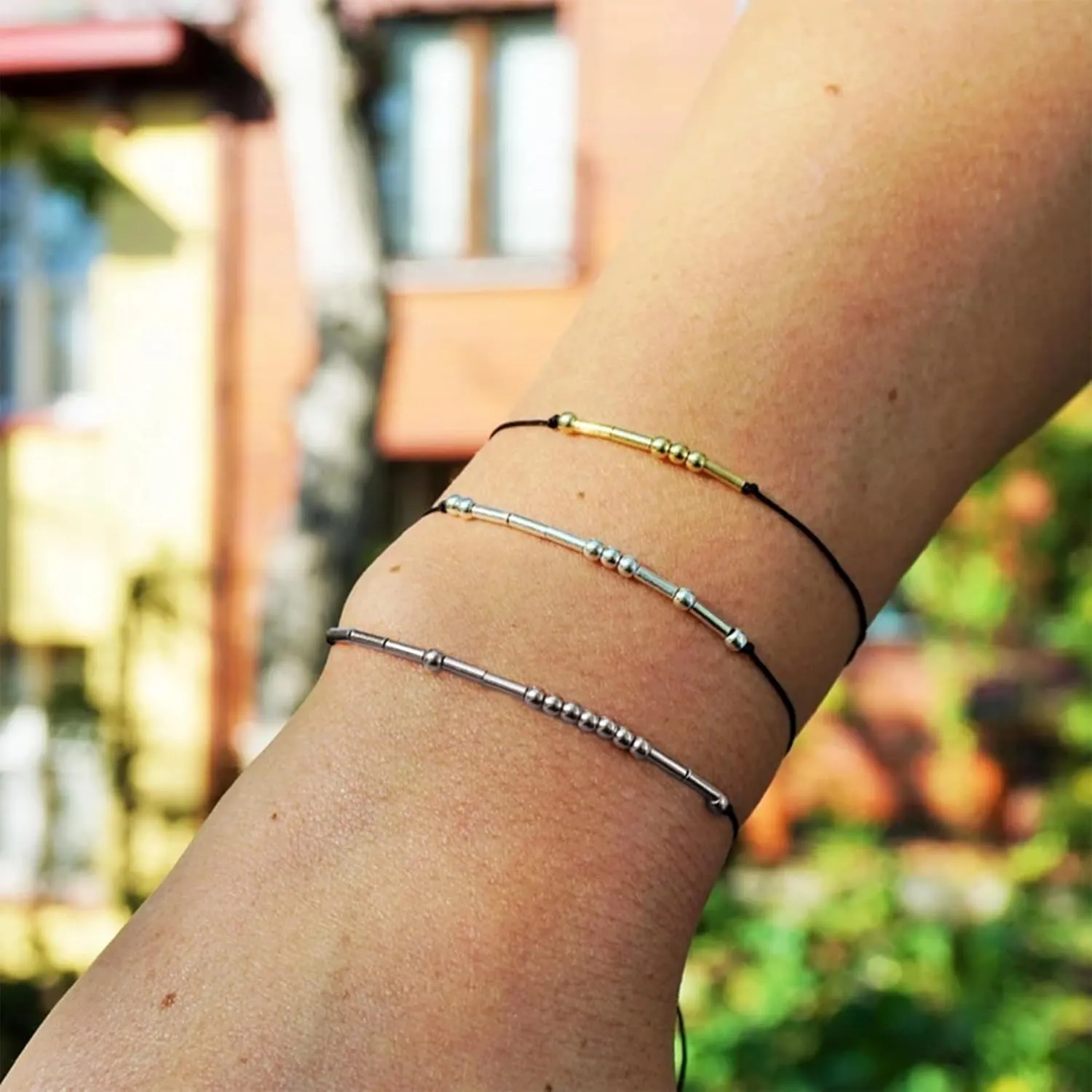 SANNYRA Adjustable Morse Code Bracelet, Secret Message Friendship Trendy Jewelry for Women, 14k Gold Plated Beads on Silk Cord Friendship Gift for Her