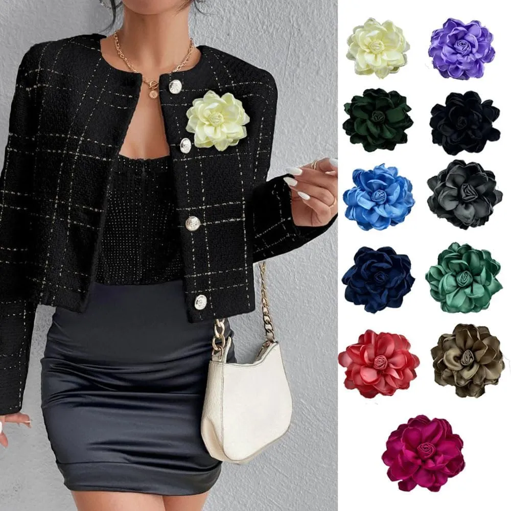 Satin Fabric Rose Flower Extra 10CM Brooches Camellia Flower Oversized Brooch Pin for Women Wedding Party Dance Banquet Dress Suit Ceremony Clothes Accessories Gifts (10CM)