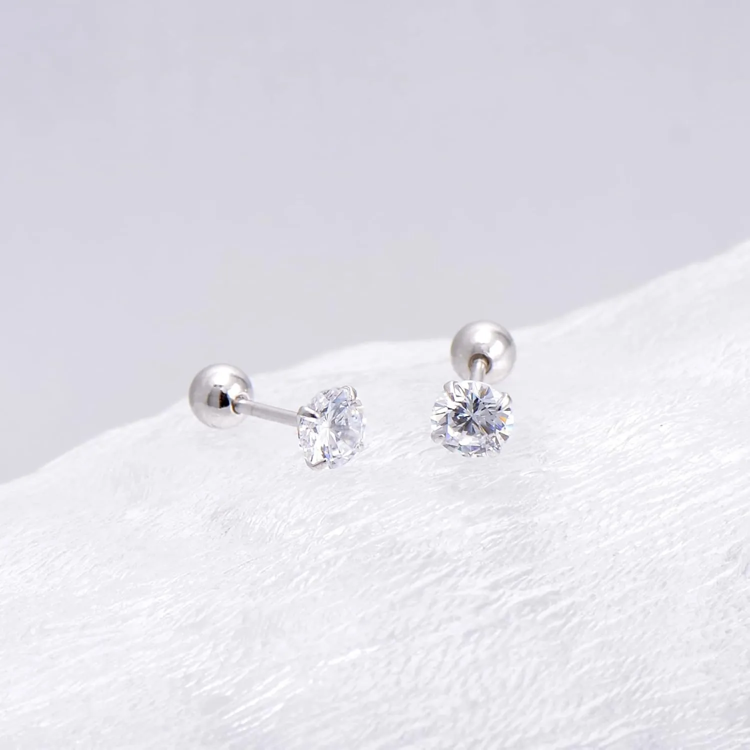 Screw Back Sterling Silver Cubic Zirconia Earrings Studs 3 MM, White Diamond Color