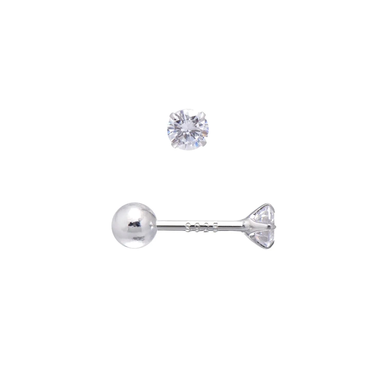 Screw Back Sterling Silver Cubic Zirconia Earrings Studs 3 MM, White Diamond Color