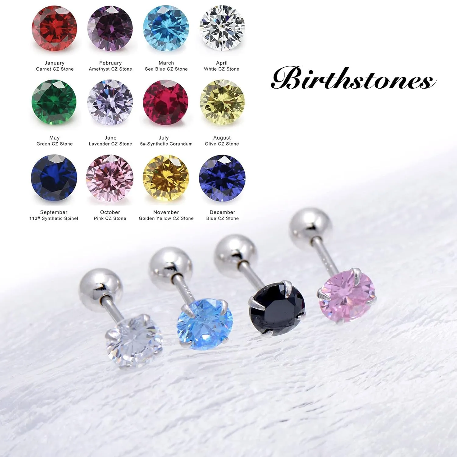 Screw Back Sterling Silver Cubic Zirconia Earrings Studs 3 MM, White Diamond Color