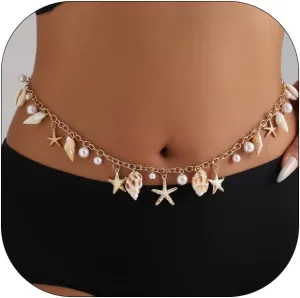 Seashell Starfish Waist Chains for Women Boho Shell Pearl Body Chain Sexy Gold Starfish Waist Chains Summer Beach Body Accessories Jewelry for Women
