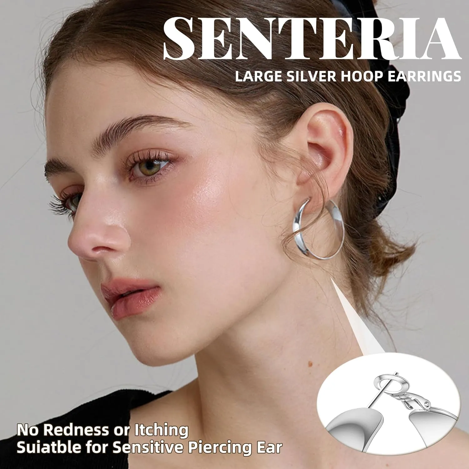 SENTERIA Gold Hoop Earrings for Women, 8mm Wide Curved Sterling Silver Hoop Earrings Hypoallergenic 925 Sterling Silver Hoops Earring Lightweight 14k Gold Plated Hoops Earring 30/40/50/60/70mm