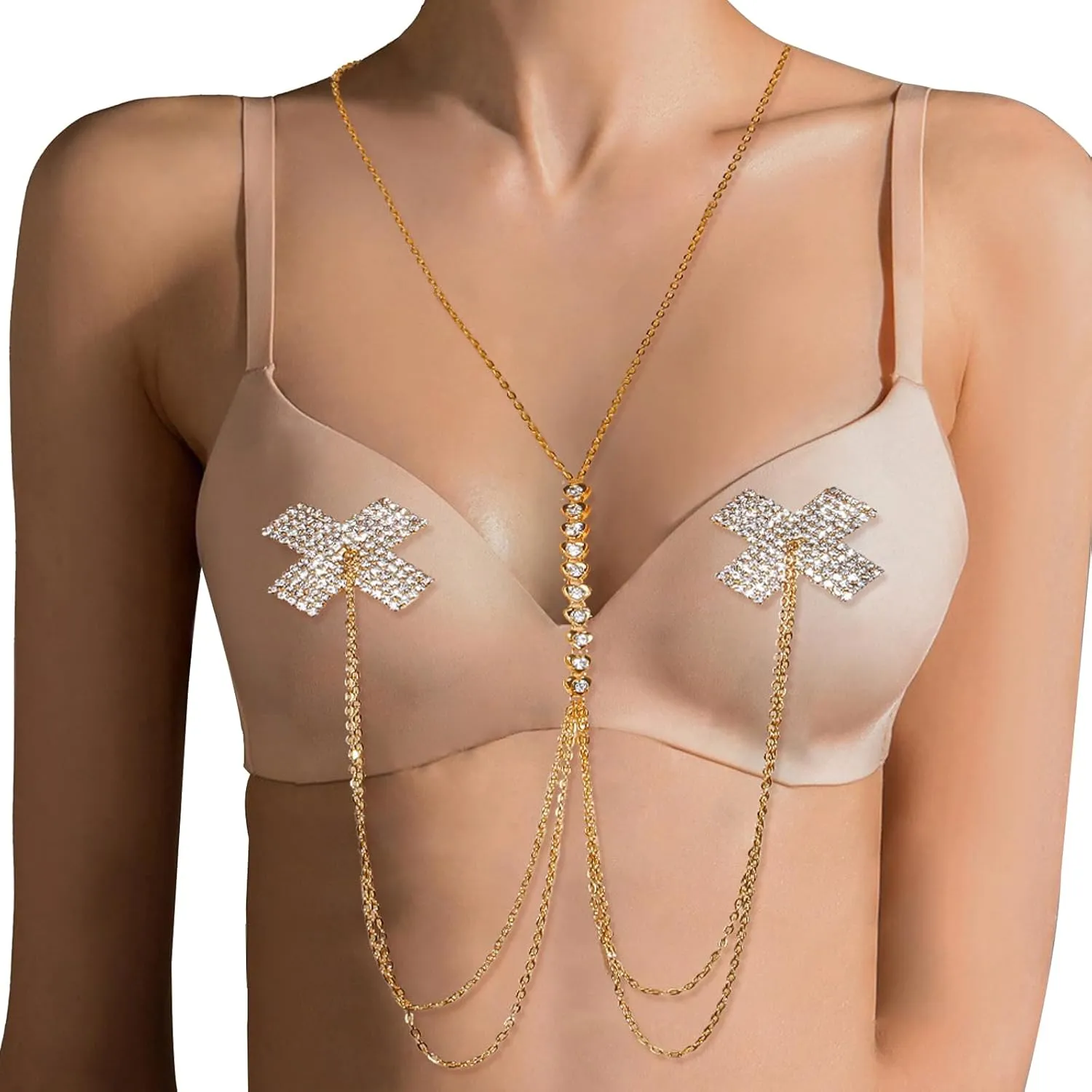 Sexy Rhinestone Nipple Pasties Chest Chain Crystal Nipple Cover Stickers Festival Rave Bra Chain Jewelry for Women