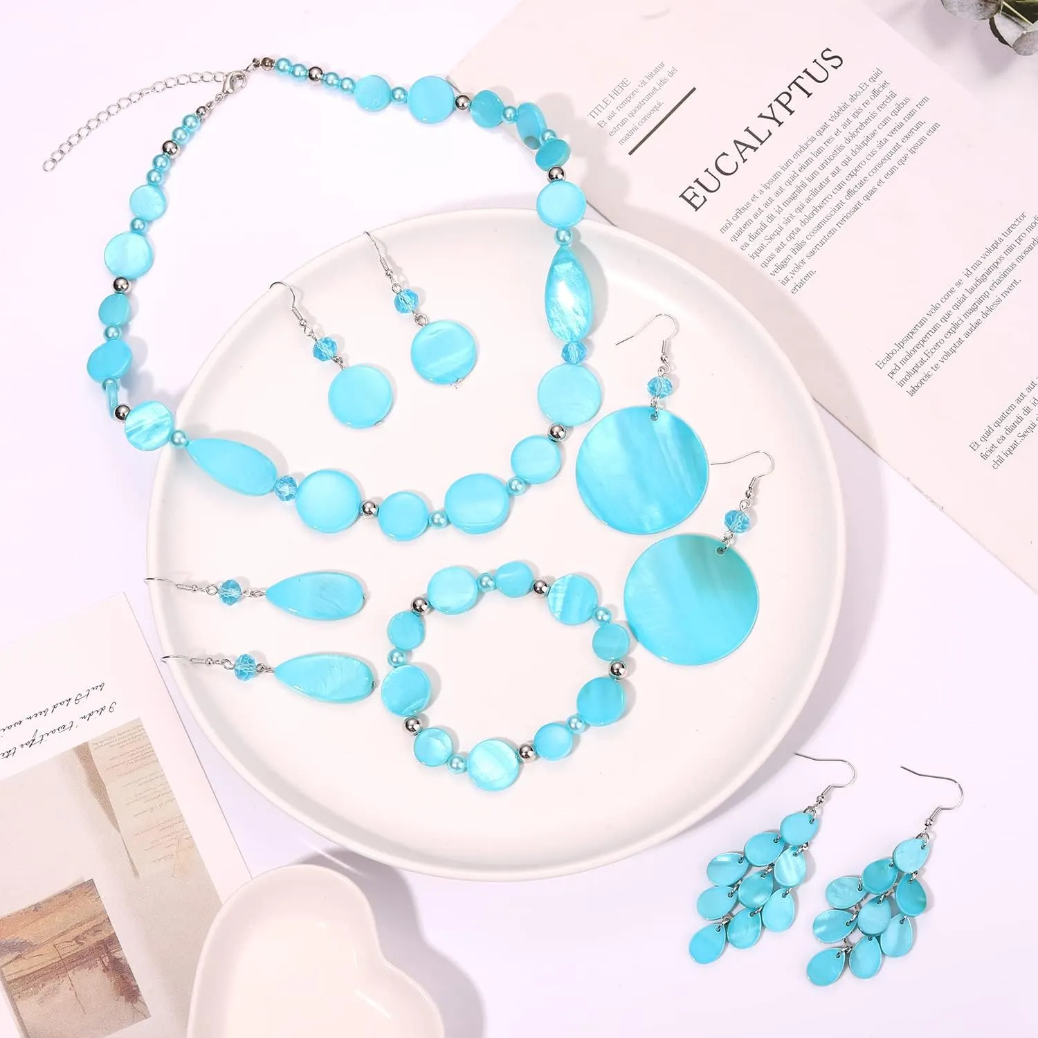 Shell Necklace and Bracelet Earrings Set for Women Boho Shell Choker Necklace Bracelet Waterfall Seashell Dangle Earrings Summer Beach Jewelry