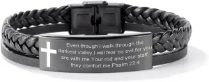SHNIAN Stainless Steel Christian Cross Scripture Wristbands Inspirational Quotes Lightweight Double Strand Woven Leather Bracelet Bible Verse Religious Bracelets,8.46" Adjustable,Psalm 23:4