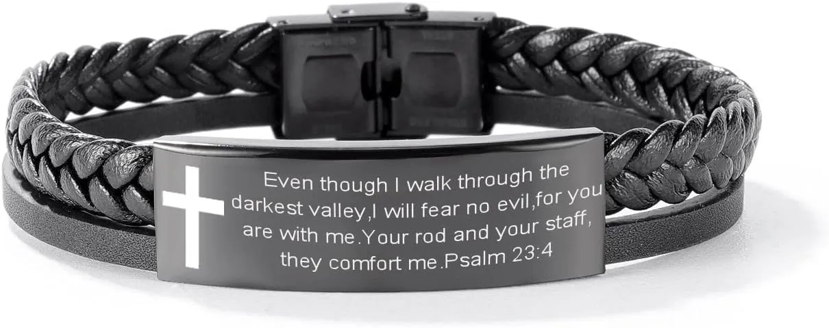 SHNIAN Stainless Steel Christian Cross Scripture Wristbands Inspirational Quotes Lightweight Double Strand Woven Leather Bracelet Bible Verse Religious Bracelets,8.46" Adjustable,Psalm 23:4