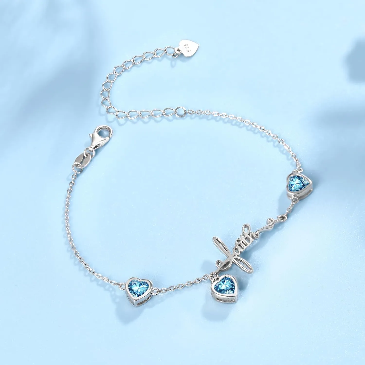 Shysnow 3 Birthstones Bracelet for Women 925 Sterling Silver Cross Faith Adjustable Chain Bracelets with Heart Cubic Zirconias Christmas Birthday Birth Stones Jewelry for Women Mom