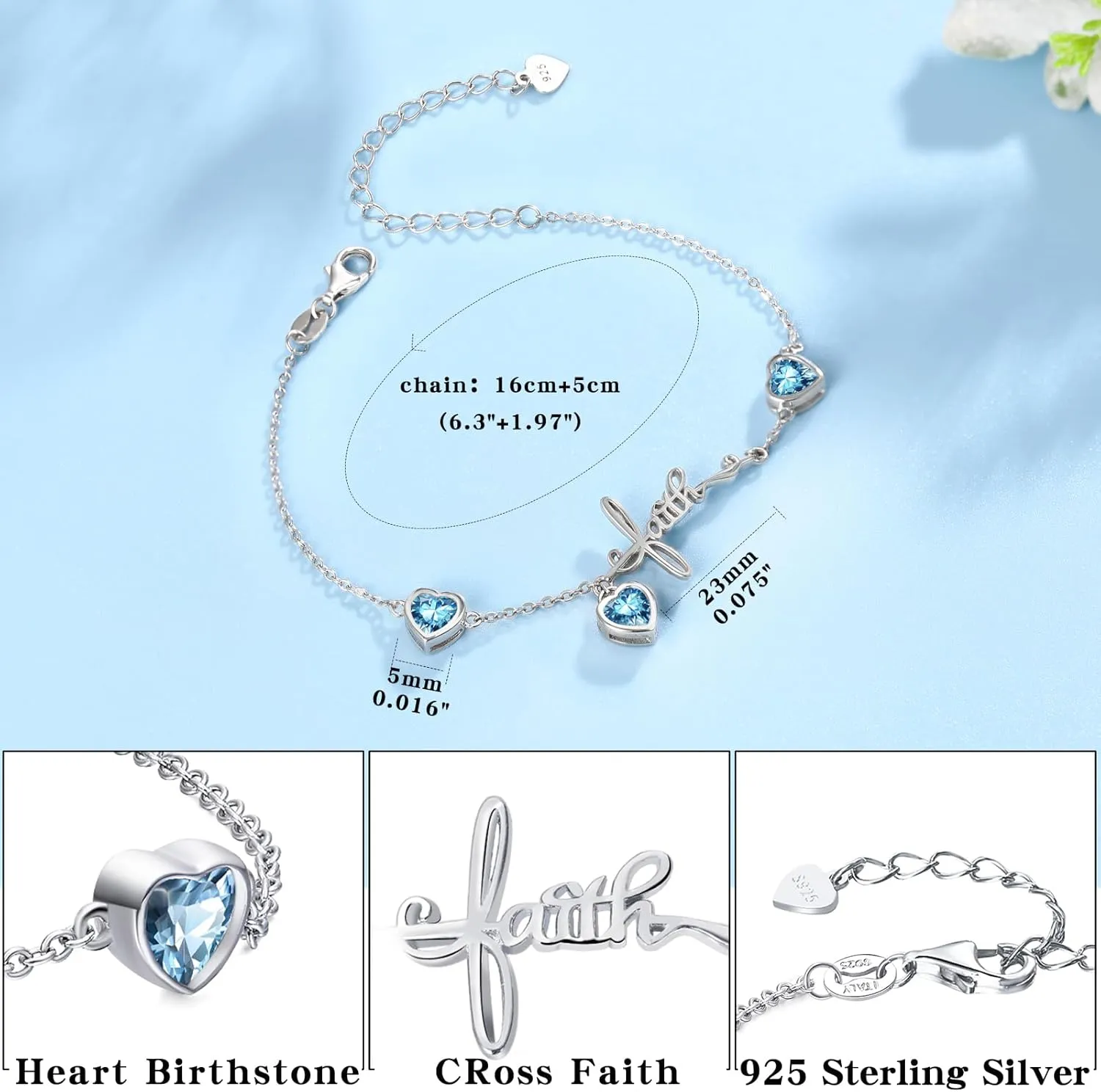 Shysnow 3 Birthstones Bracelet for Women 925 Sterling Silver Cross Faith Adjustable Chain Bracelets with Heart Cubic Zirconias Christmas Birthday Birth Stones Jewelry for Women Mom