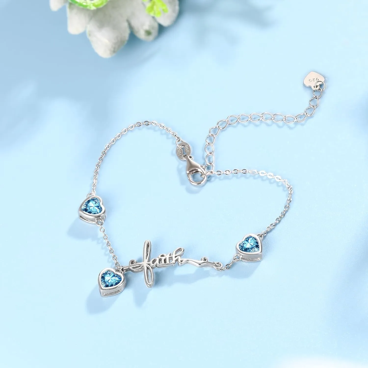 Shysnow 3 Birthstones Bracelet for Women 925 Sterling Silver Cross Faith Adjustable Chain Bracelets with Heart Cubic Zirconias Christmas Birthday Birth Stones Jewelry for Women Mom