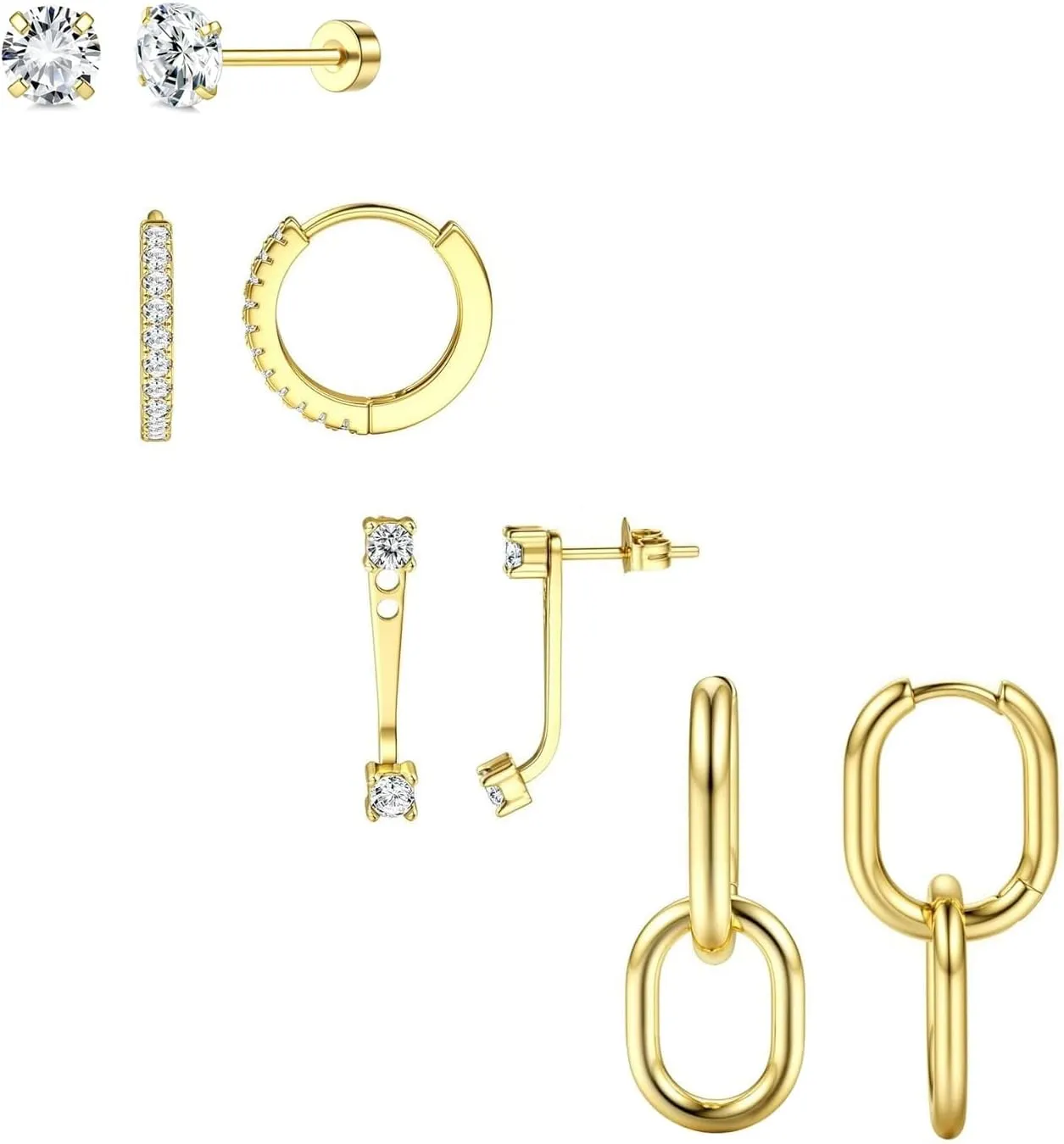 SIISPRI Gold Hoop Earrings for Women - Hypoallergenic 14K Gold Plated Surgical Steel Chunky Huggie Earings Stacks Dangle Set Dainty Cute Cartilage Flat Back Stud Jewelry Trendy 4 Pairs