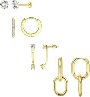 SIISPRI Gold Hoop Earrings for Women - Hypoallergenic 14K Gold Plated Surgical Steel Chunky Huggie Earings Stacks Dangle Set Dainty Cute Cartilage Flat Back Stud Jewelry Trendy 4 Pairs