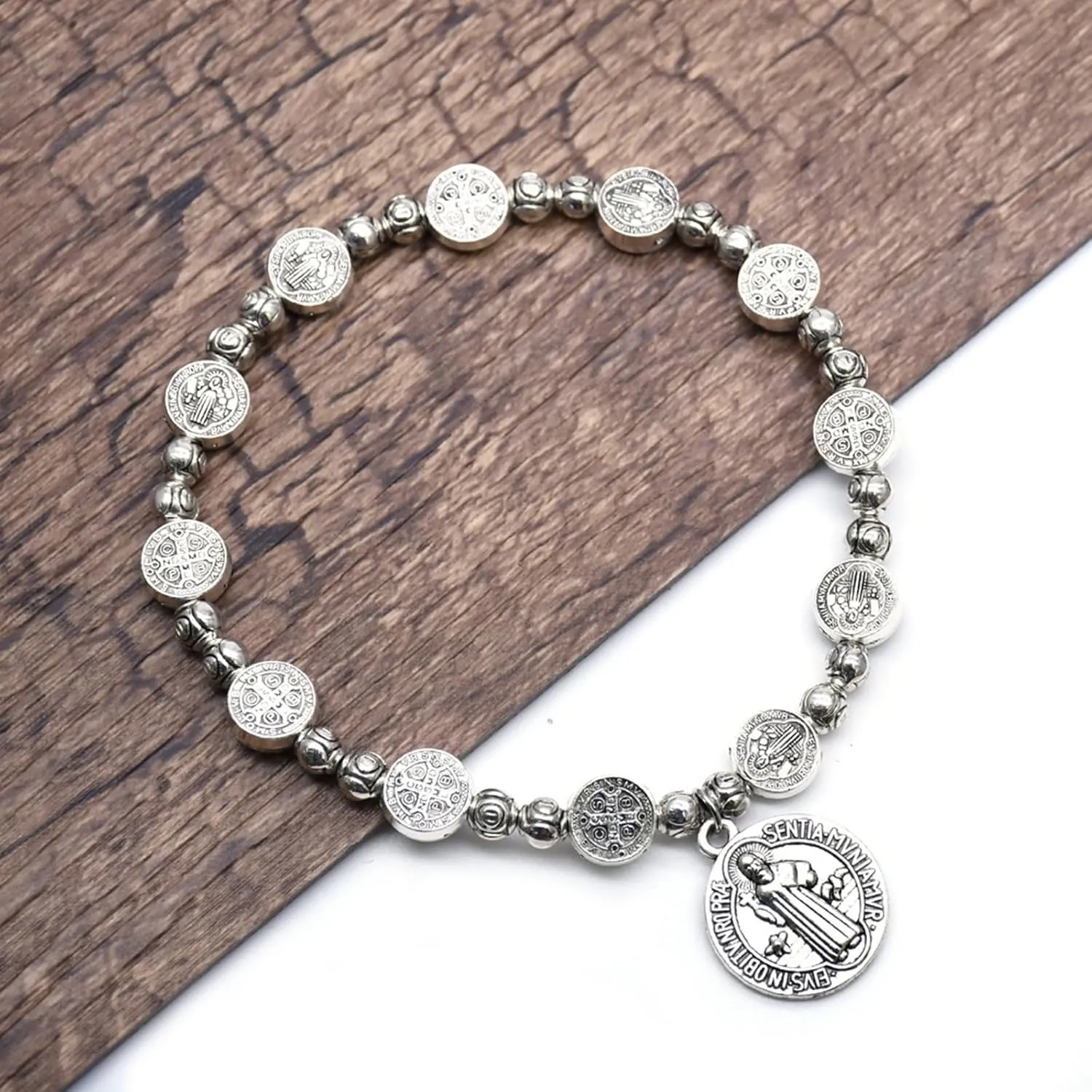 Silver Cross Women's Rosary Bracelet - Stainless Steel Flower Link Jesus Cross Crucifix Charm Hematite Vintage Gothic Punk Bracelet