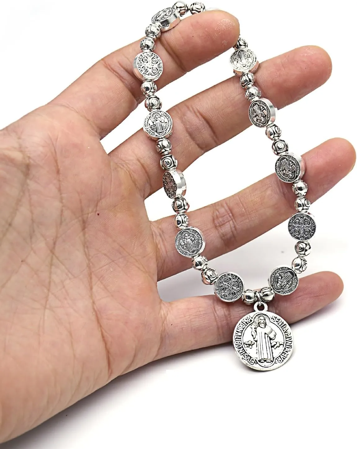 Silver Cross Women's Rosary Bracelet - Stainless Steel Flower Link Jesus Cross Crucifix Charm Hematite Vintage Gothic Punk Bracelet