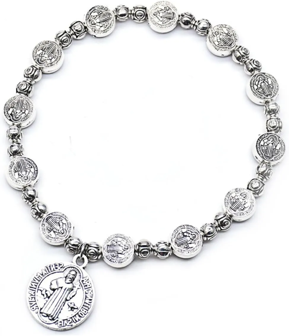 Silver Cross Women's Rosary Bracelet - Stainless Steel Flower Link Jesus Cross Crucifix Charm Hematite Vintage Gothic Punk Bracelet
