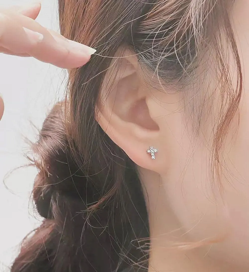 Silver Small Cross Stud Earrings, Hypoallergenic Stainless Steel CZ Cross Earrings for Women Men