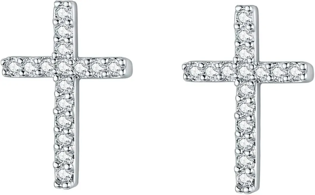 Silver Small Cross Stud Earrings, Hypoallergenic Stainless Steel CZ Cross Earrings for Women Men