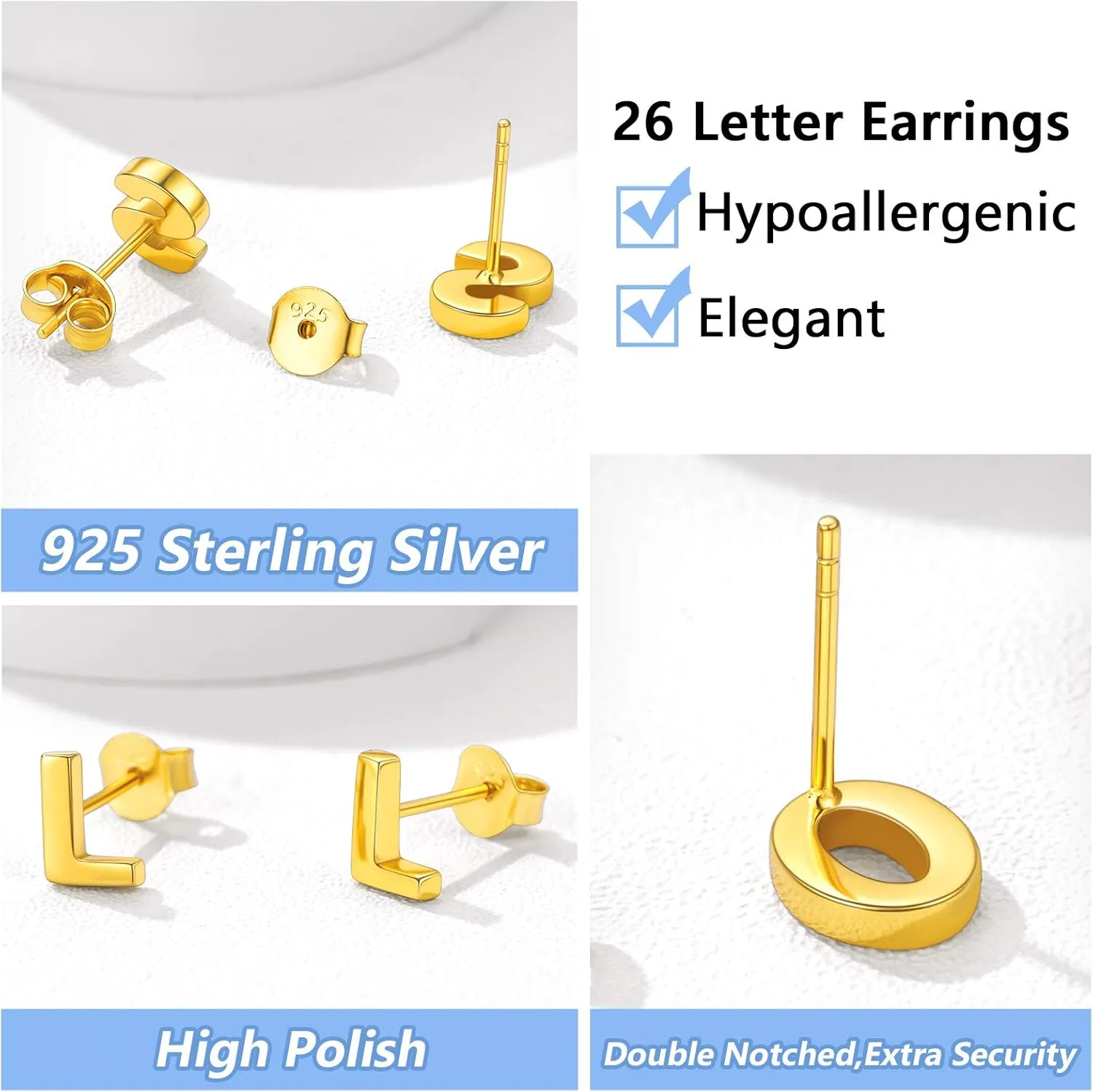 Silvora 925 Sterling Silver Initial Earrings Stud, Simple Gold Letter A-Z Studs for Women Hypoallergenic,with Gift Box